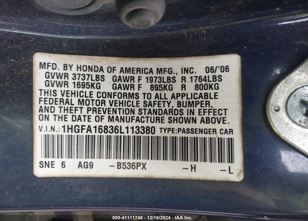 2006 HONDA CIVIC EX VIN: 1HGFA16836L113380