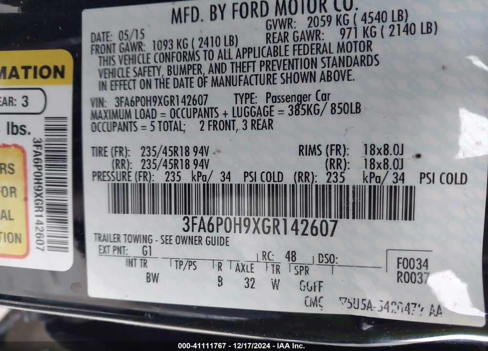 2016 FORD FUSION SE VIN: 3FA6P0H9XGR142607