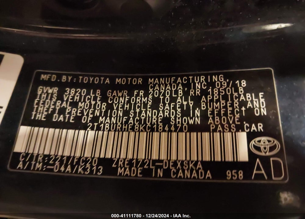 2019 TOYOTA COROLLA VIN: 2T1BURHE8KC184470