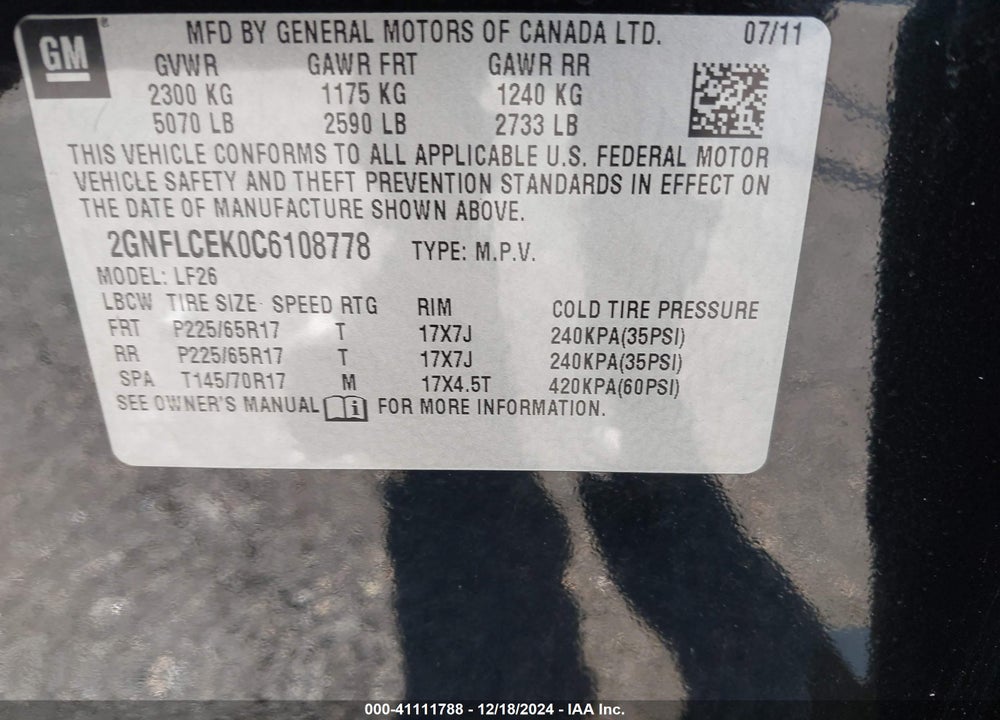 2012 CHEVROLET EQUINOX LS VIN: 2GNFLCEK0C6108778