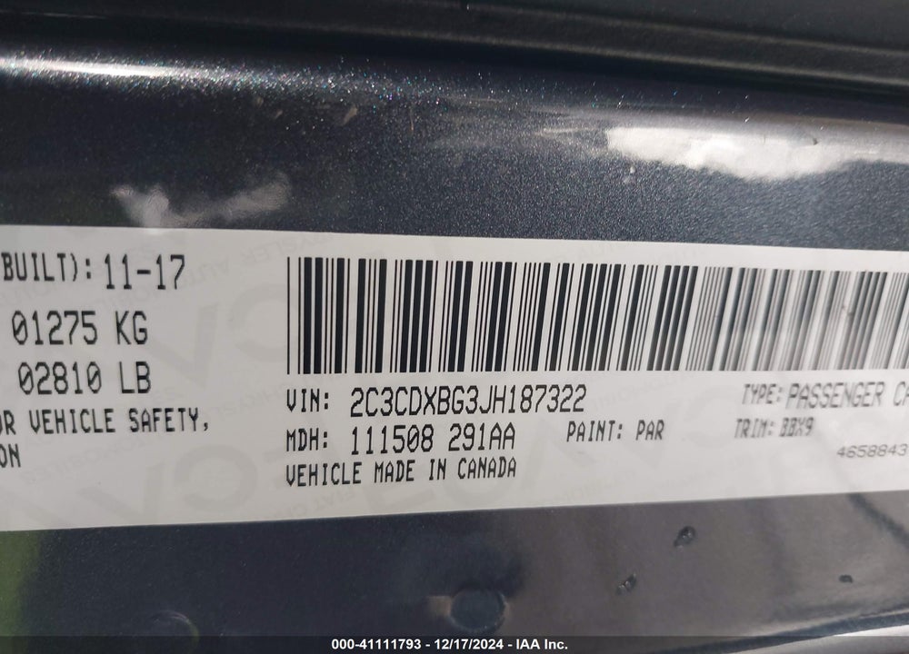 2018 DODGE CHARGER SXT RWD VIN: 2C3CDXBG3JH187322