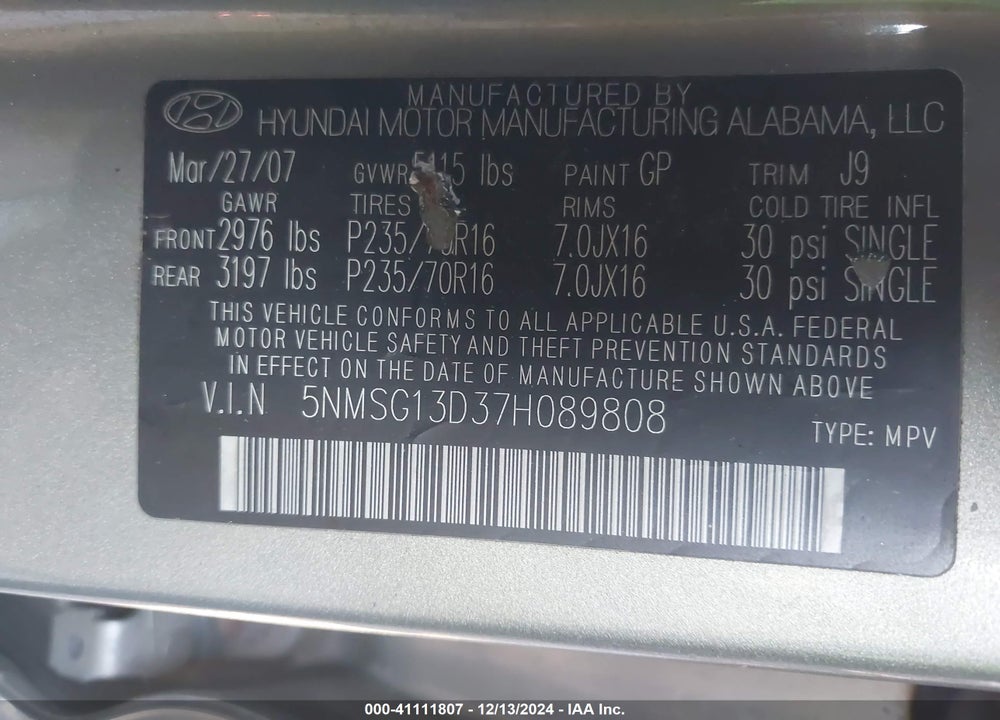 2007 HYUNDAI SANTA FE GLS VIN: 5NMSG13D37H089808