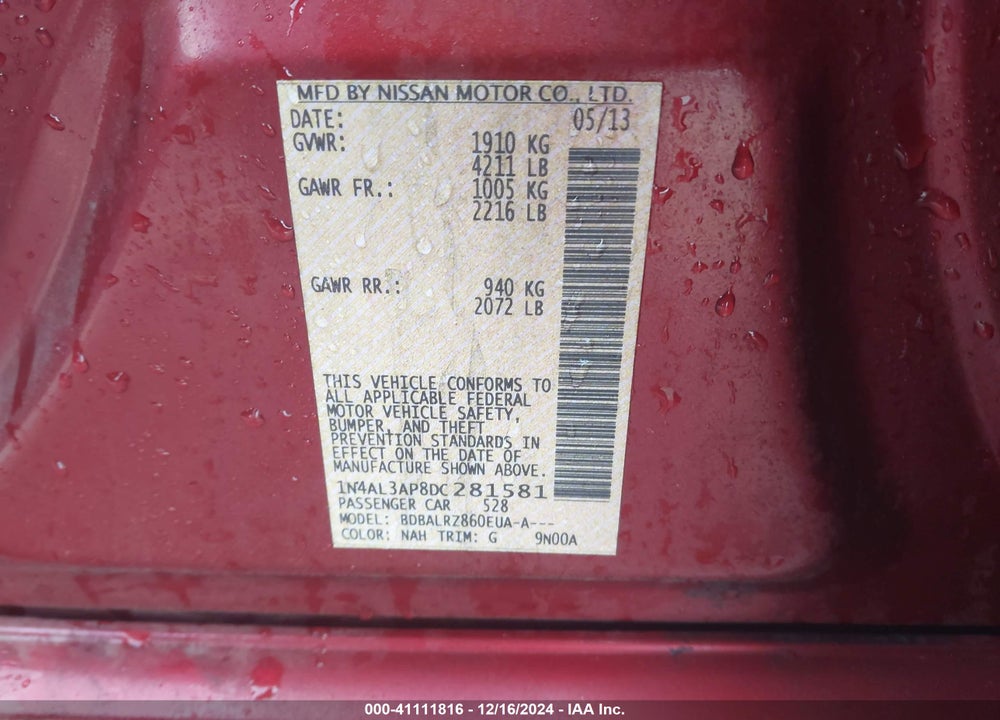 2013 NISSAN ALTIMA 2.5 S VIN: 1N4AL3AP8DC281581