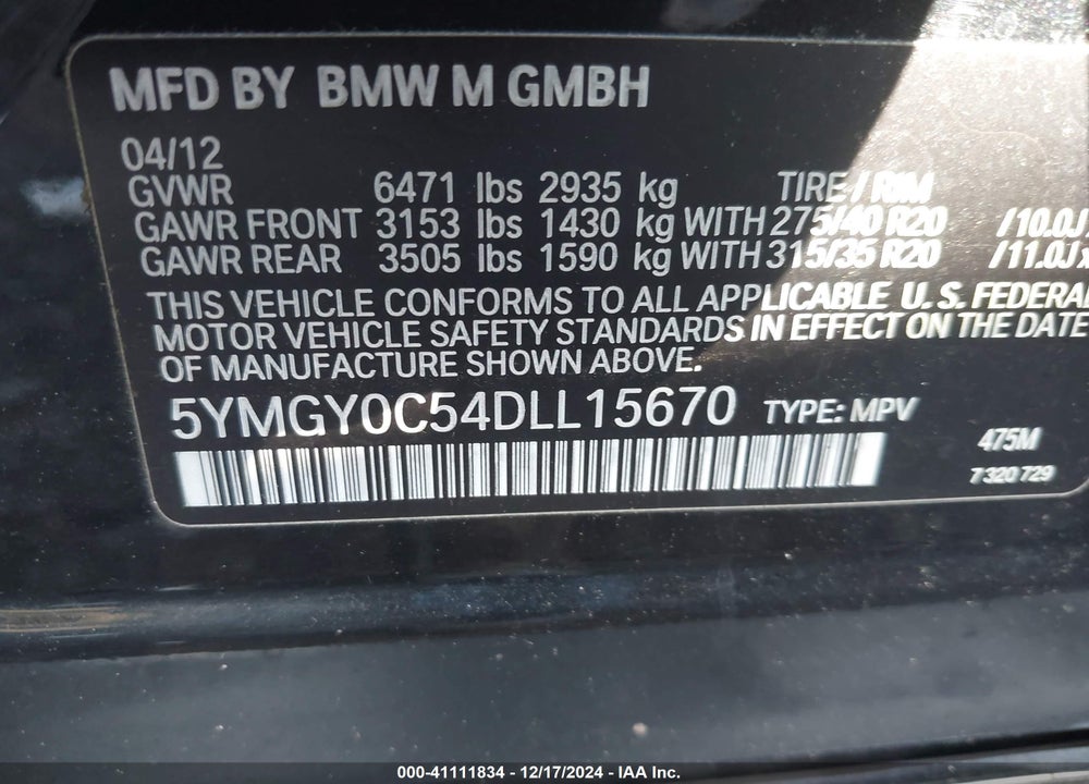 2013 BMW X5 M VIN: 5YMGY0C54DLL15670