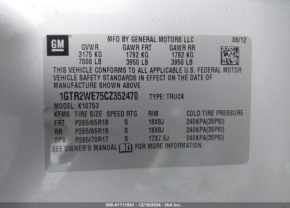 2012 GMC SIERRA 1500 VIN: 1GTR2WE75CZ352470