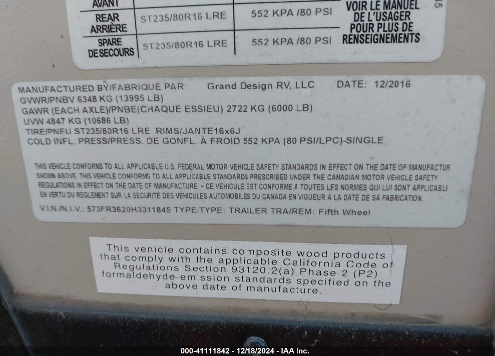 2017 GRAND DESIGN REFL337RLS VIN: 573FR3620H3311845