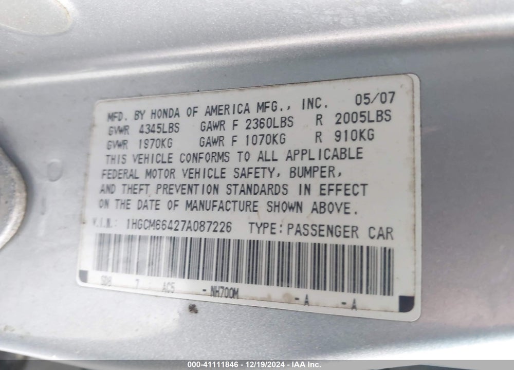 2007 HONDA ACCORD 3.0 SE VIN: 1HGCM66427A087226