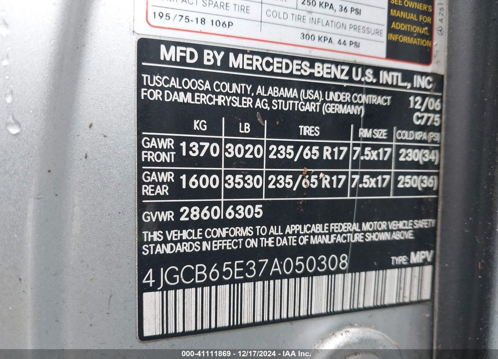 2007 MERCEDES-BENZ R VIN: 4JGCB65E37A050308