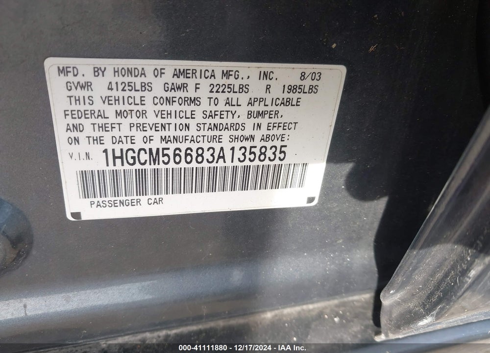 2003 HONDA ACCORD 2.4 EX VIN: 1HGCM56683A135835