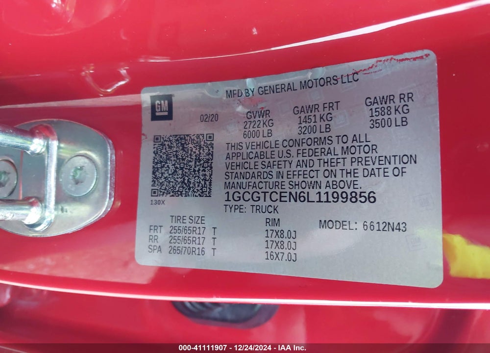 2020 CHEVROLET COLORADO 4WD SHORT BOX LT VIN: 1GCGTCEN6L1199856