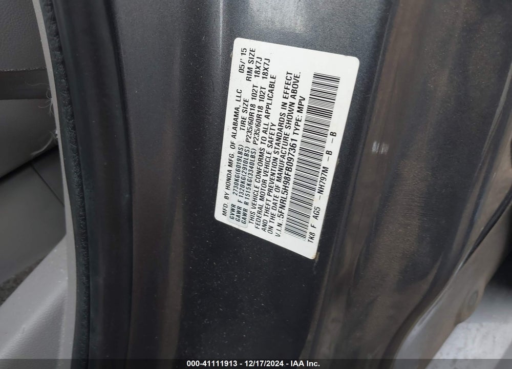 2015 HONDA ODYSSEY TOURING/TOURING ELITE VIN: 5FNRL5H98FB097361