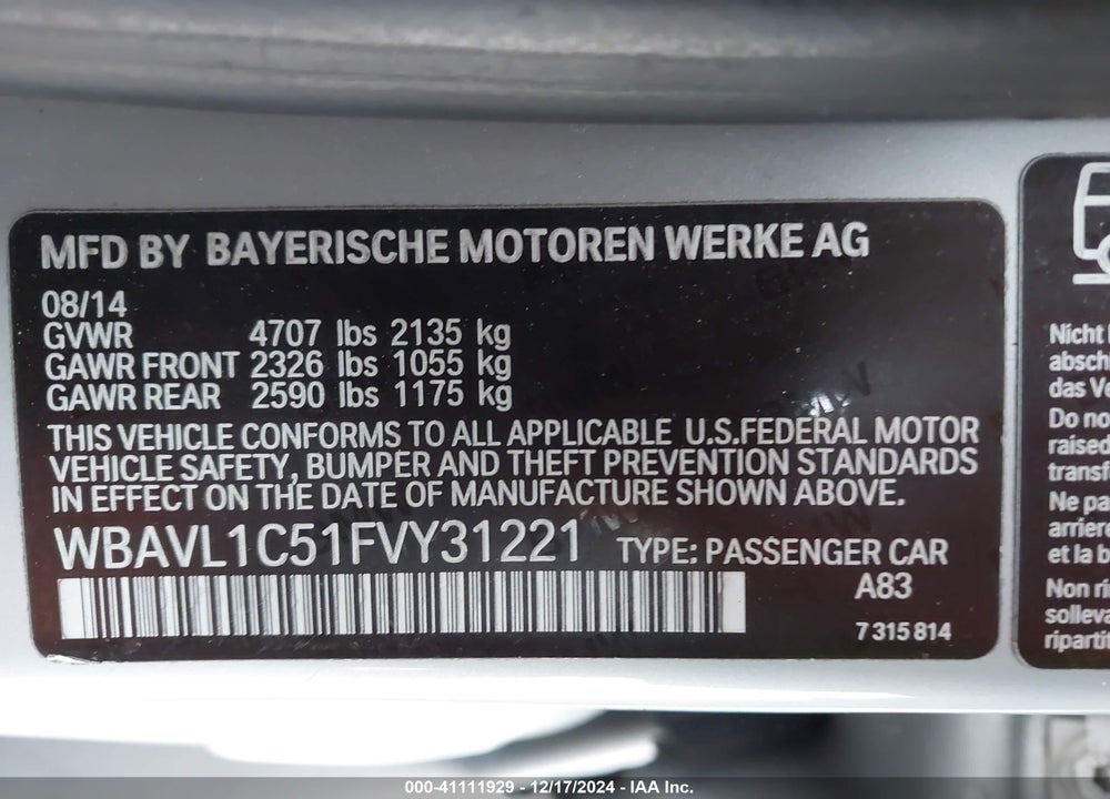 2015 BMW X1 XDRIVE28I VIN: WBAVL1C51FVY31221