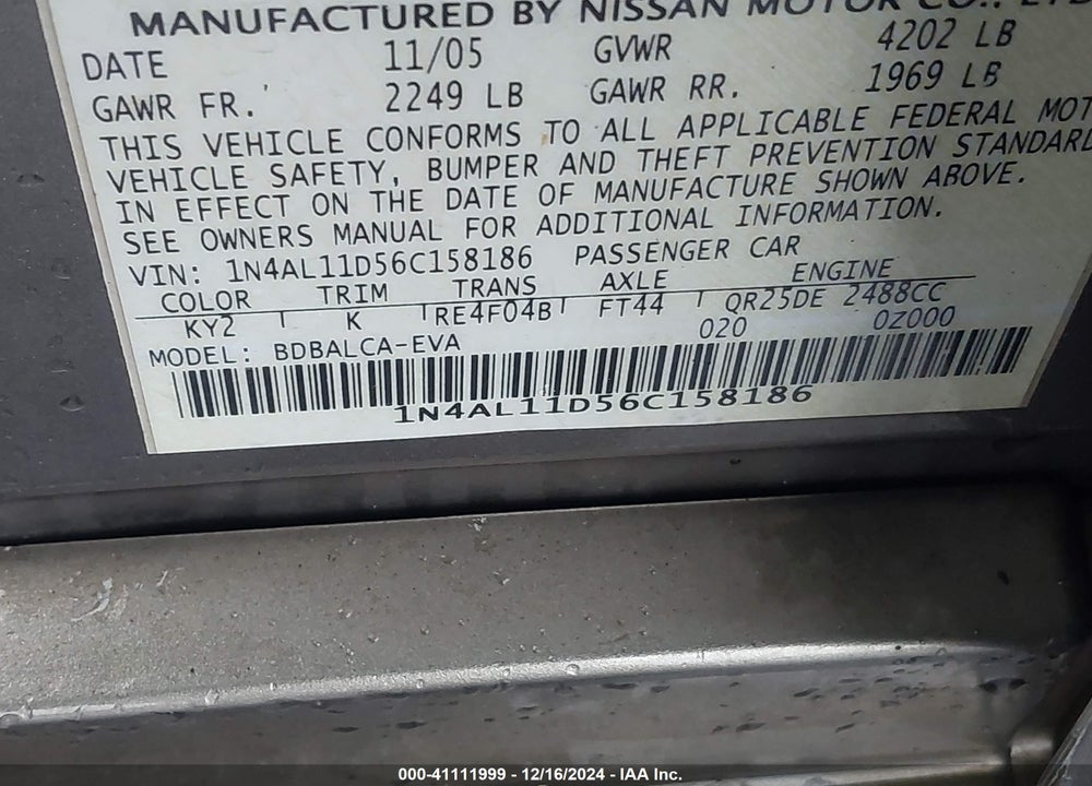 2006 NISSAN ALTIMA 2.5 S VIN: 1N4AL11D56C158186