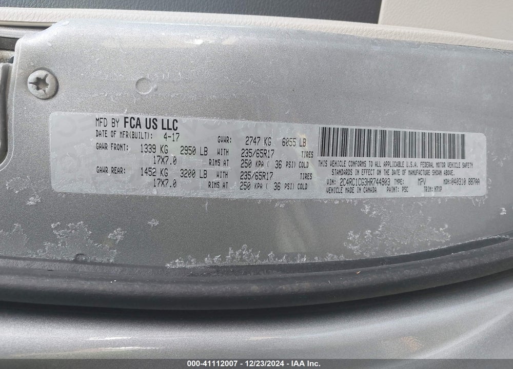2017 CHRYSLER PACIFICA VIN: 2C4RC1CG3HR744903