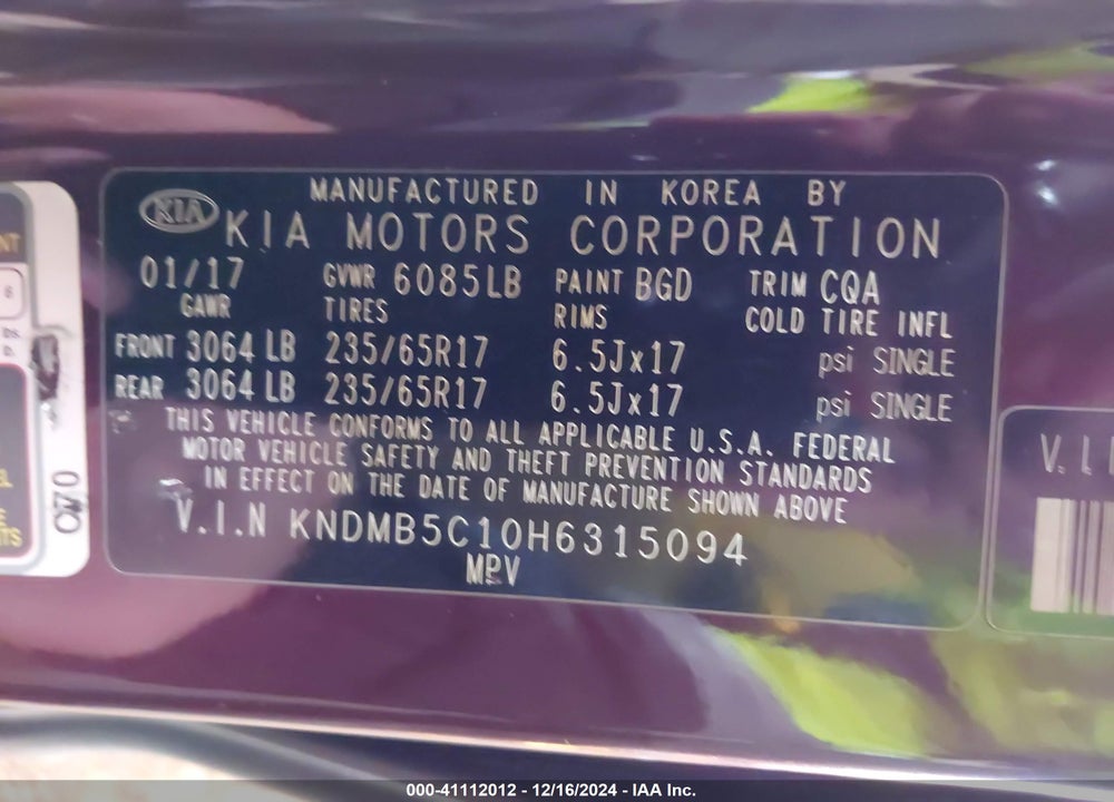 2017 KIA SEDONA LX VIN: KNDMB5C10H6315094