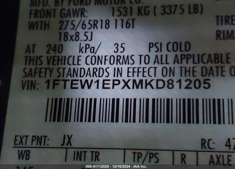 2021 FORD F-150 XLT VIN: 1FTEW1EPXMKD81205