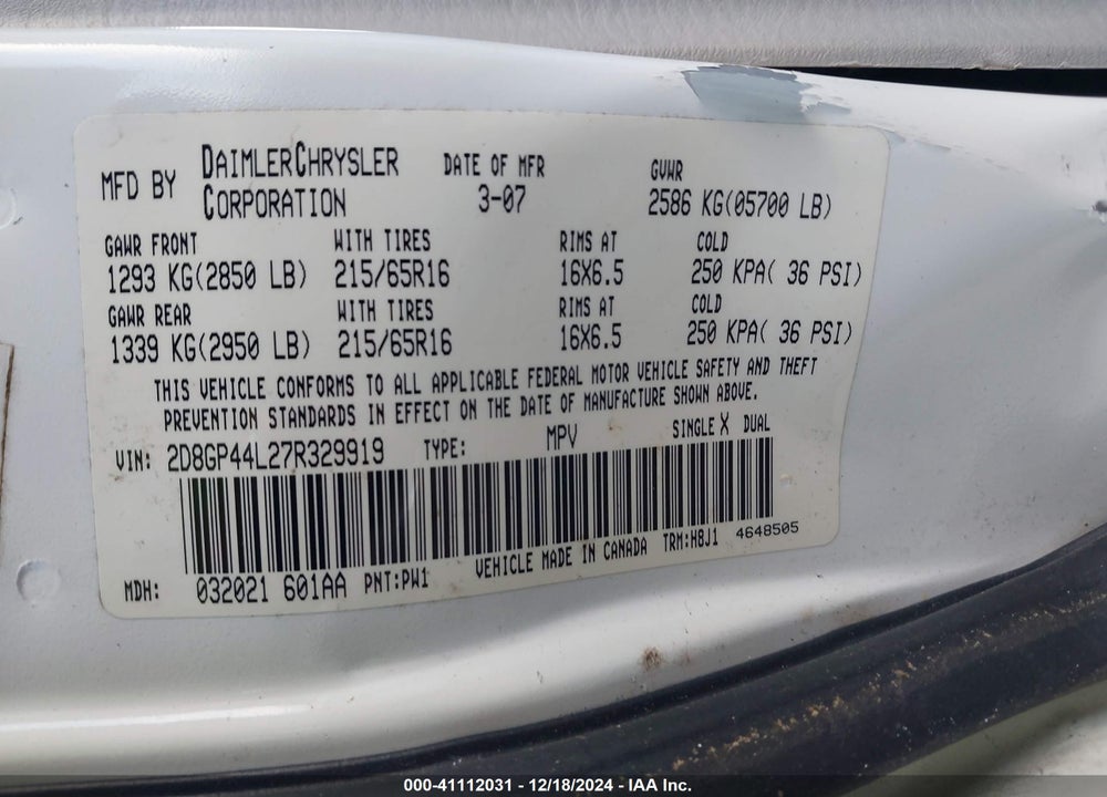 2007 DODGE GRAND CARAVAN SXT VIN: 2D8GP44L27R329919