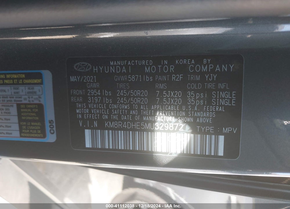 2021 HYUNDAI PALISADE SEL VIN: KM8R4DHE5MU329872
