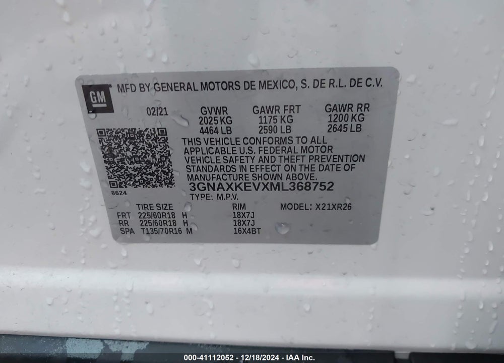2021 CHEVROLET EQUINOX FWD LT VIN: 3GNAXKEVXML368752