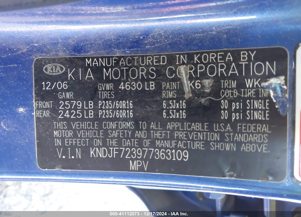 2007 KIA SPORTAGE LX V6 VIN: KNDJF723977363109
