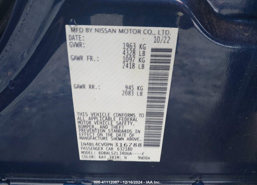 2023 NISSAN ALTIMA VIN: 1N4BL4CV0PN316788