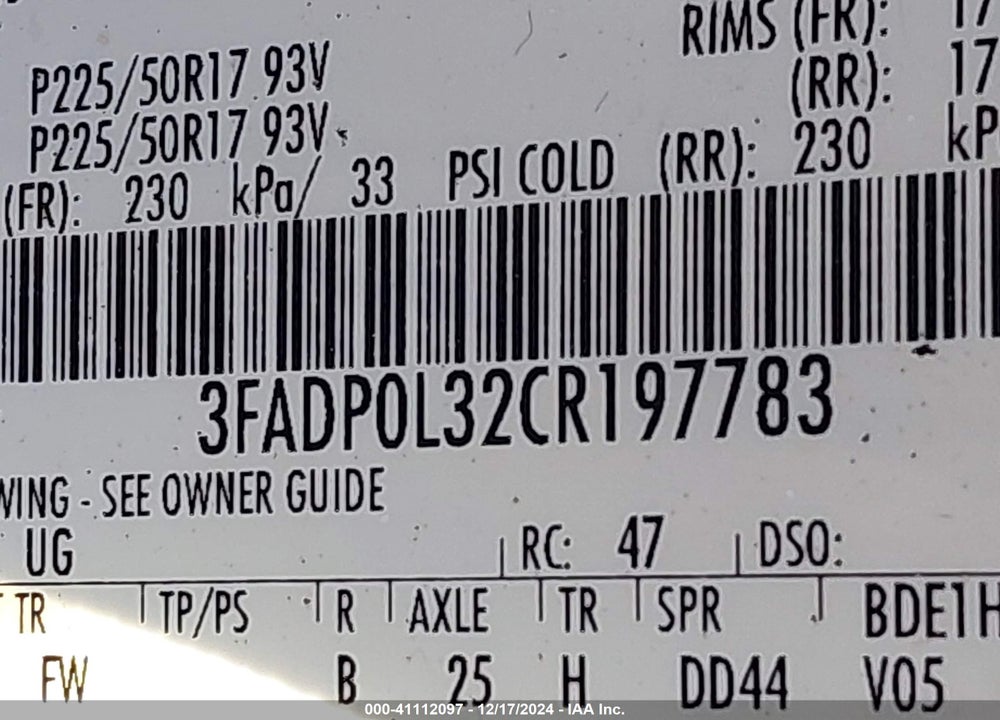 2012 FORD FUSION HYBRID VIN: 3FADP0L32CR197783