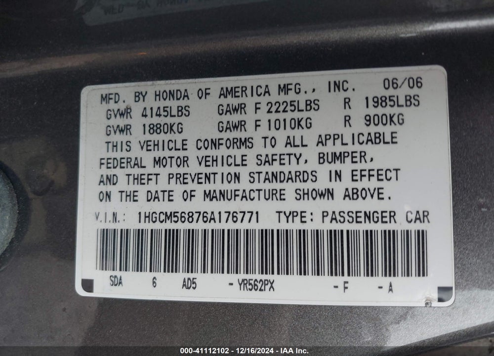 2006 HONDA ACCORD 2.4 EX VIN: 1HGCM56876A176771