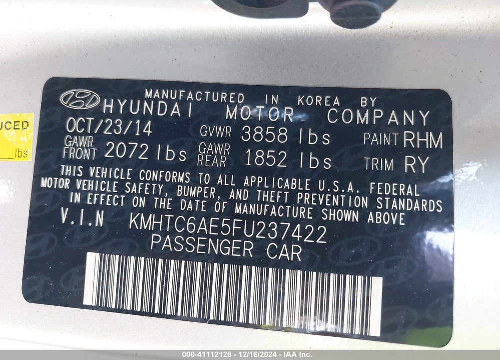 2015 HYUNDAI VELOSTER TURBO VIN: KMHTC6AE5FU237422
