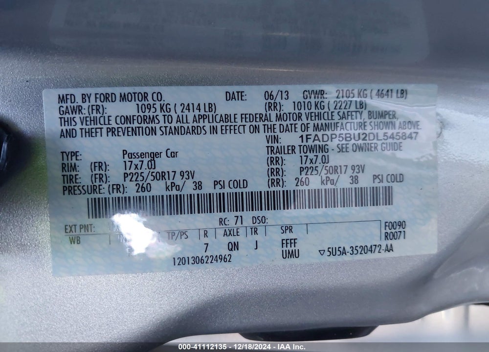 2013 FORD C-MAX HYBRID VIN: 1FADP5BU2DL545847