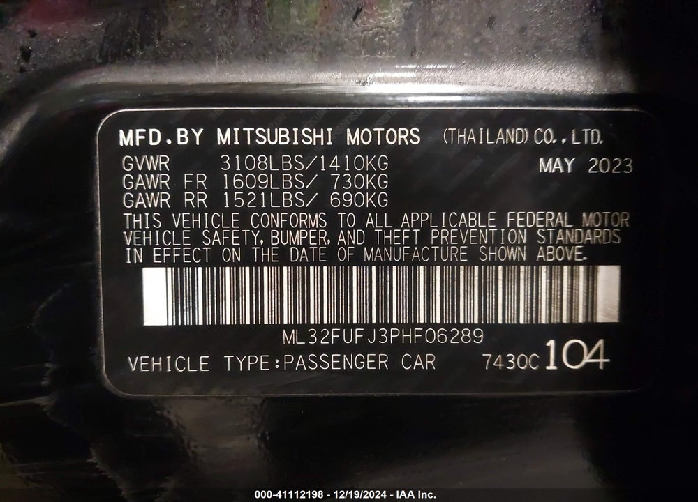 2023 MITSUBISHI MIRAGE VIN: ML32FUFJ3PHF06289