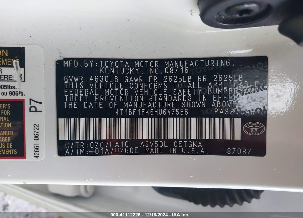 2017 TOYOTA CAMRY XLE VIN: 4T1BF1FK6HU647556