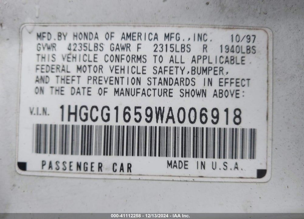 1998 HONDA ACCORD EX V6 VIN: 1HGCG1659WA006918