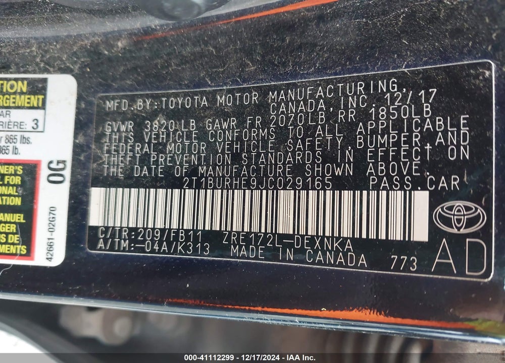 2018 TOYOTA COROLLA VIN: 2T1BURHE9JC029165