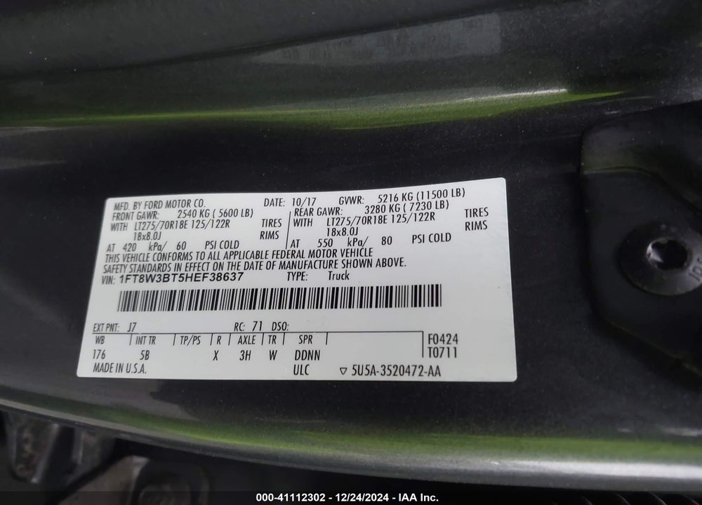 2017 FORD F-350 LARIAT VIN: 1FT8W3BT5HEF38637