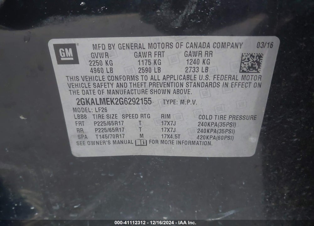 2016 GMC TERRAIN SLE-1 VIN: 2GKALMEK2G6292155