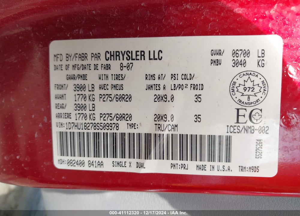 2008 DODGE RAM 1500 SLT VIN: 1D7HU18278S509978
