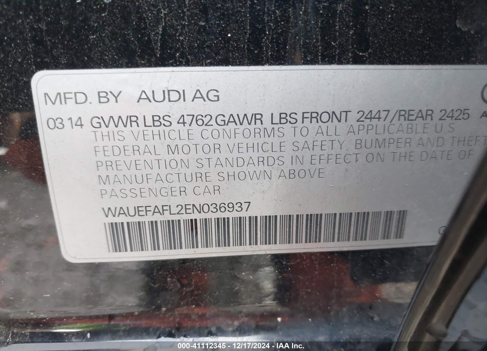 2014 AUDI A4 2.0T PREMIUM VIN: WAUEFAFL2EN036937