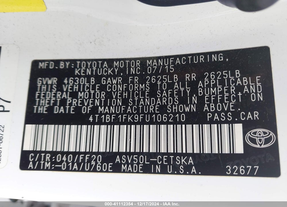 2015 TOYOTA CAMRY VIN: 4T1BF1FK9FU106210