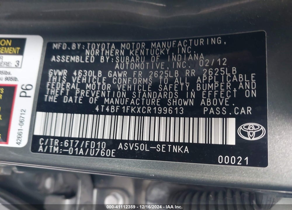 2012 TOYOTA CAMRY LE VIN: 4T4BF1FKXCR199613