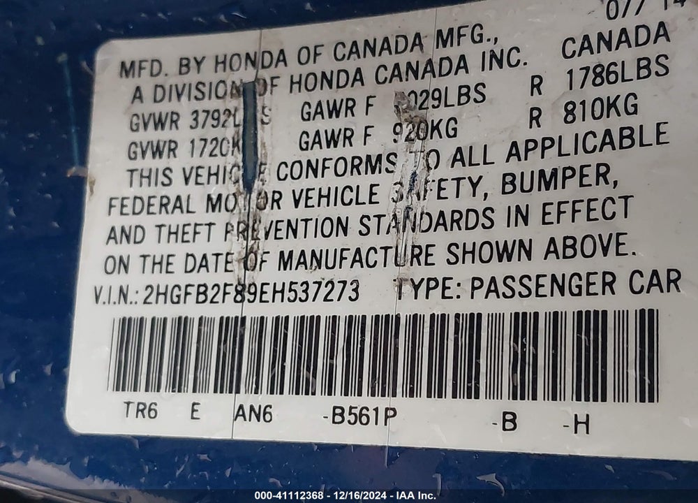 2014 HONDA CIVIC EX VIN: 2HGFB2F89EH537273