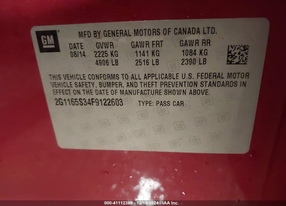 2015 CHEVROLET IMPALA 2LZ VIN: 2G1165S34F9122603