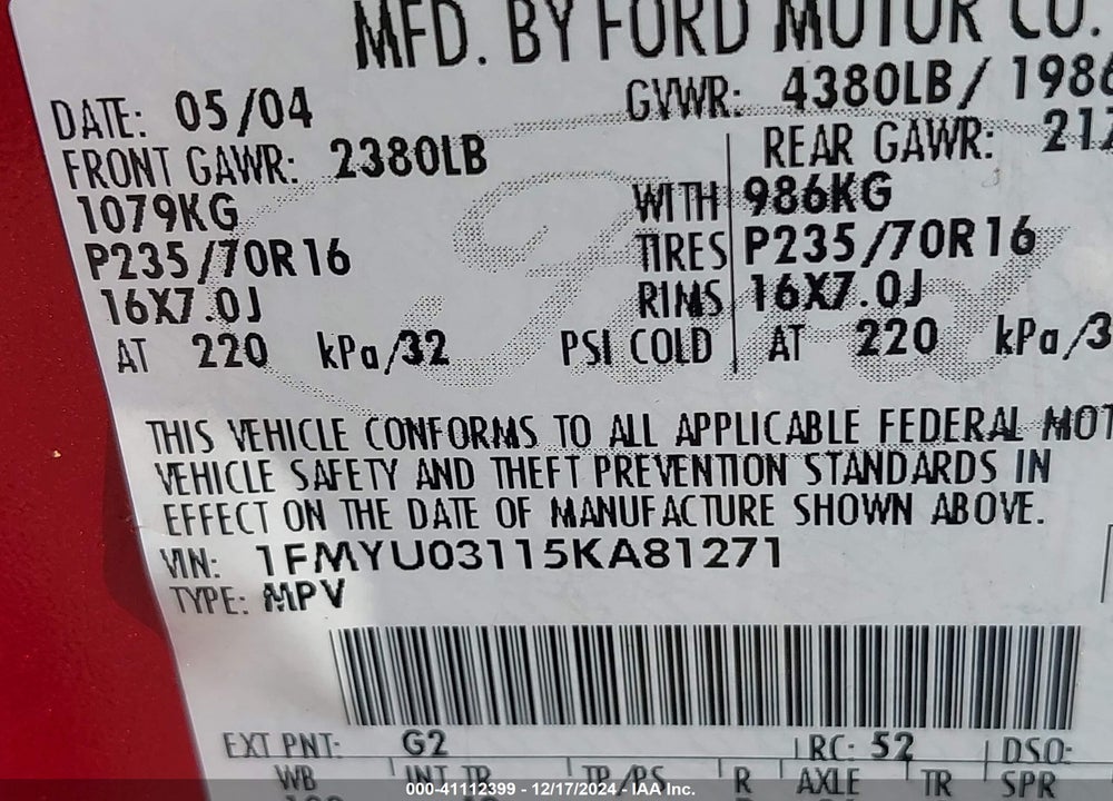 2005 FORD ESCAPE XLT VIN: 1FMYU03115KA81271