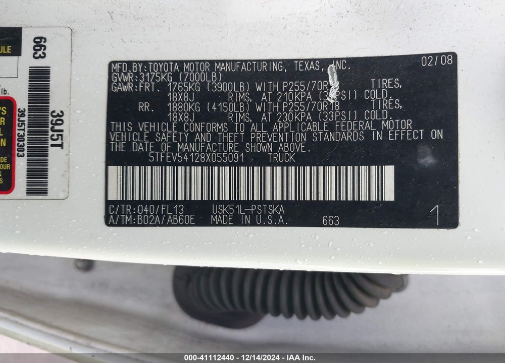 2008 TOYOTA TUNDRA SR5 5.7L V8 VIN: 5TFEV54128X055091