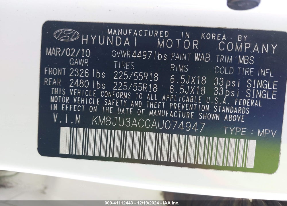 2010 HYUNDAI TUCSON LIMITED VIN: KM8JU3AC0AU074947
