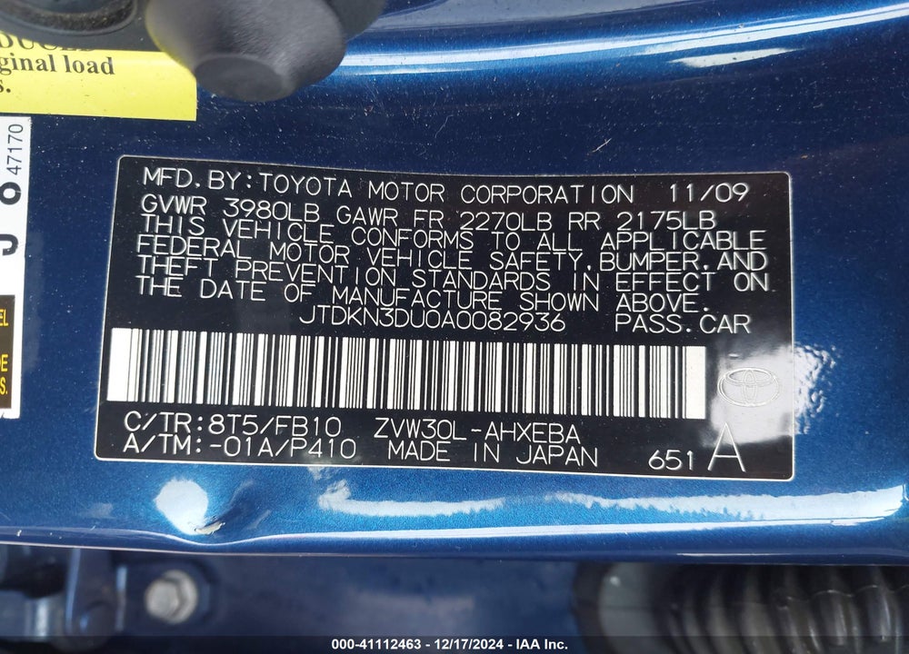 2010 TOYOTA PRIUS II VIN: JTDKN3DU0A0082936