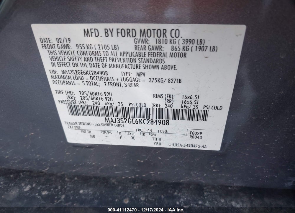 2019 FORD ECOSPORT SE VIN: MAJ3S2GE6KC284908