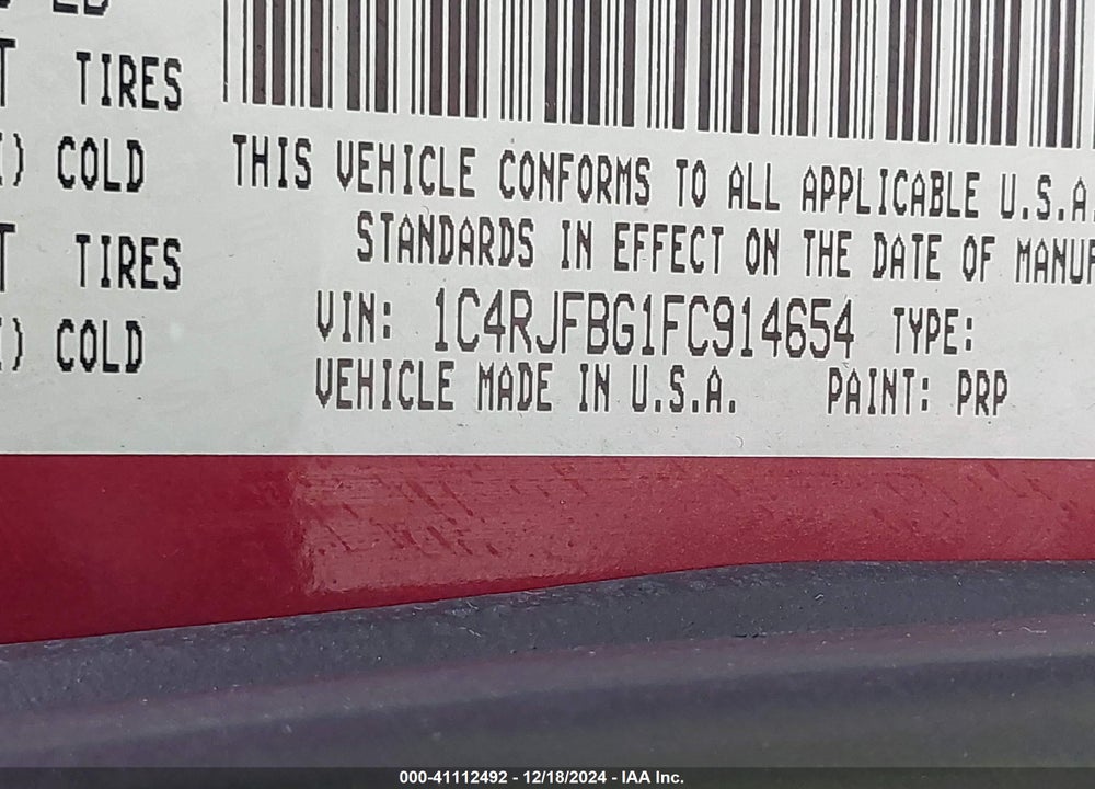 2015 JEEP GRAND CHEROKEE LIMITED VIN: 1C4RJFBG1FC914654