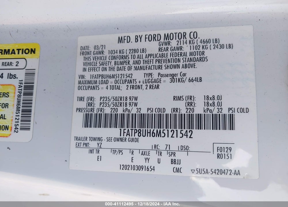 2021 FORD MUSTANG ECOBOOST PREMIUM VIN: 1FATP8UH6M5121542