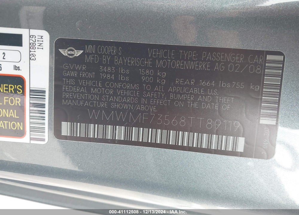 2008 MINI COOPER S VIN: WMWMF73568TT89119