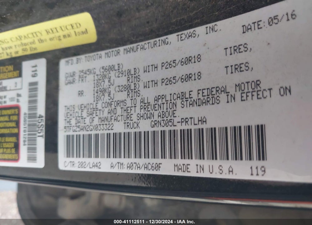 2016 TOYOTA TACOMA VIN: 5TFGZ5AN2GX033322